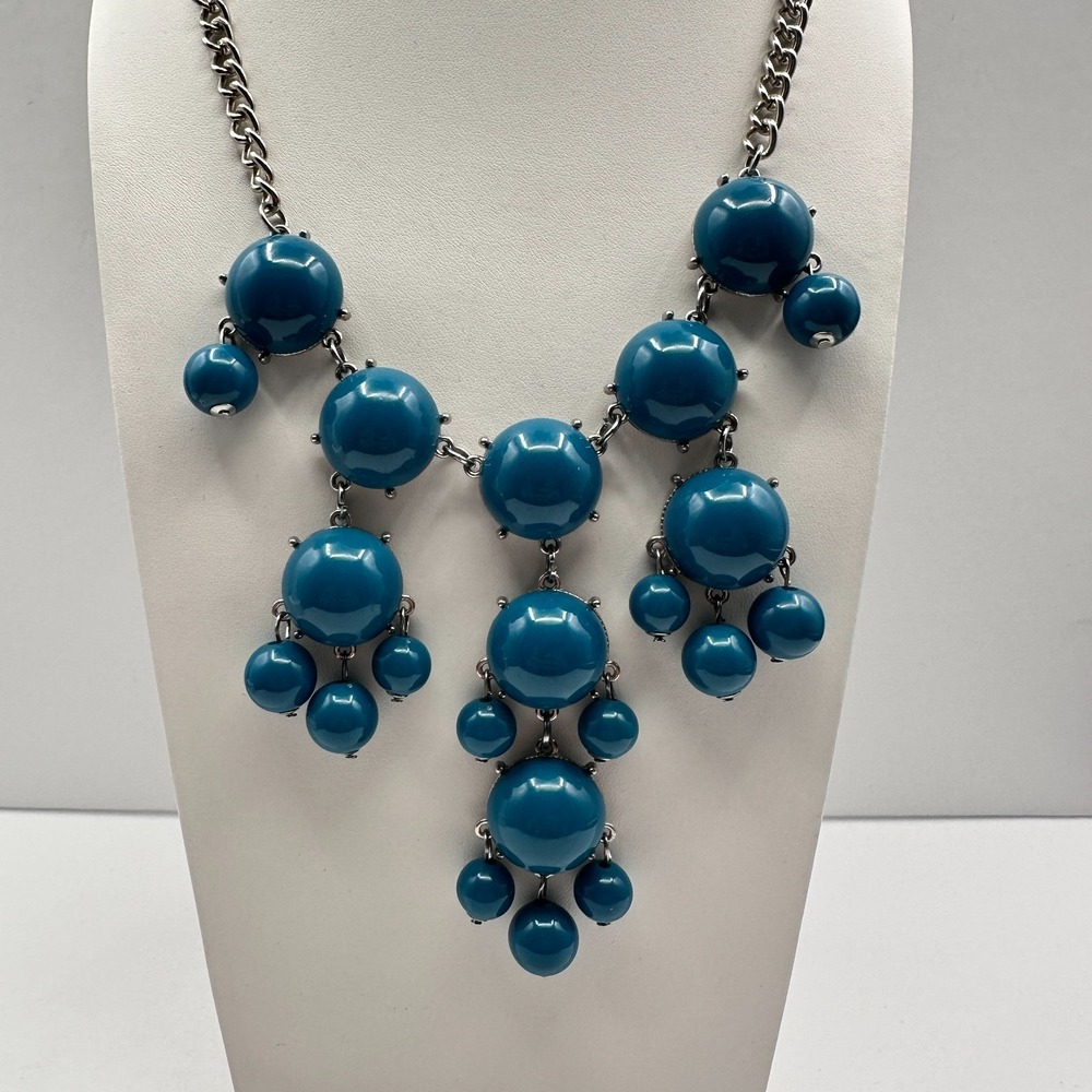 Vintage Y2K Blue Cabochon Beaded Bib Necklace Silver Tone Boho Jewelry